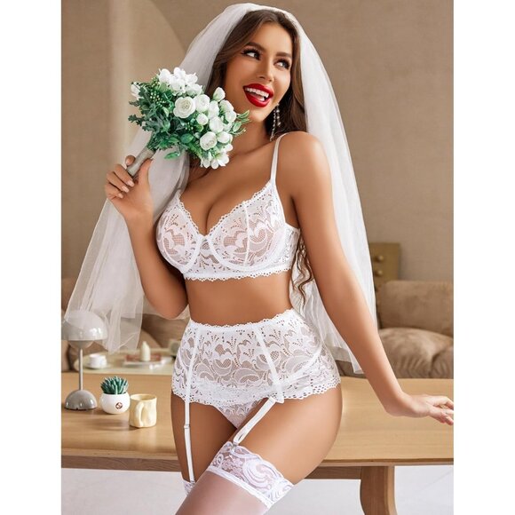 Women White Lingerie Set High Waisted Underwire Lingerie With Garter Belt Lace - Picture 2 of 6